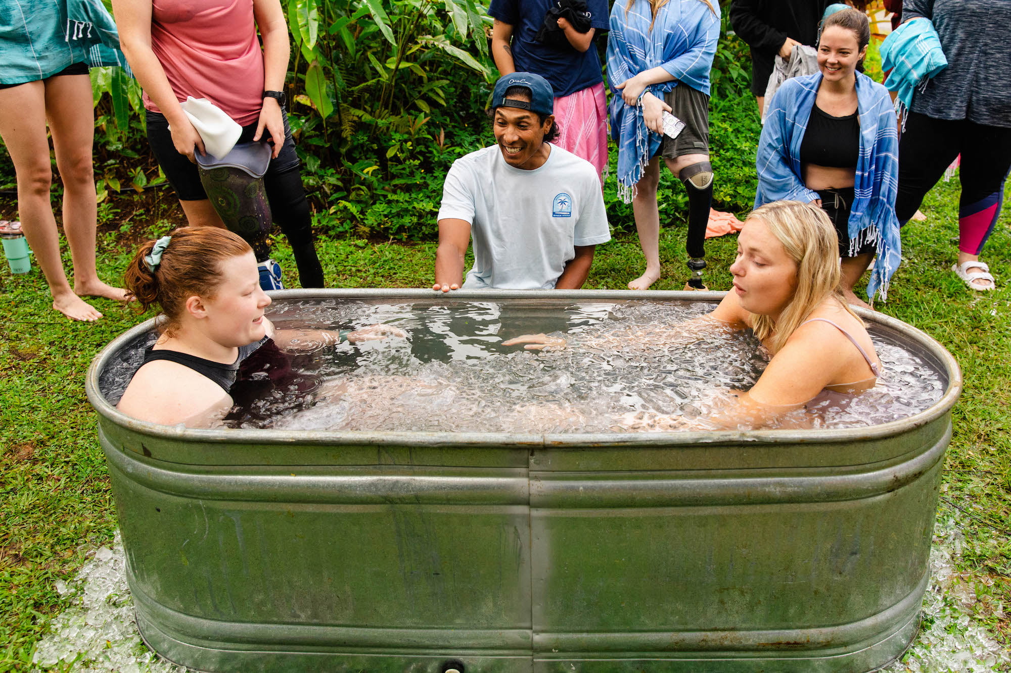 Retreat attendees spending one minute in the ice bath