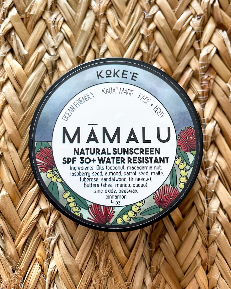 A photo of Kauai made sunscreen called Māmalu Sunscreen against a weaved wicker backdrop.